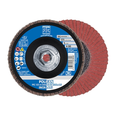 Pferd 5" x 5/8-11 Thd. POLIFAN Flap Disc - A-COOL SG INOX+ALU, Aluminum oxide, 80 Grit, Conical 62246